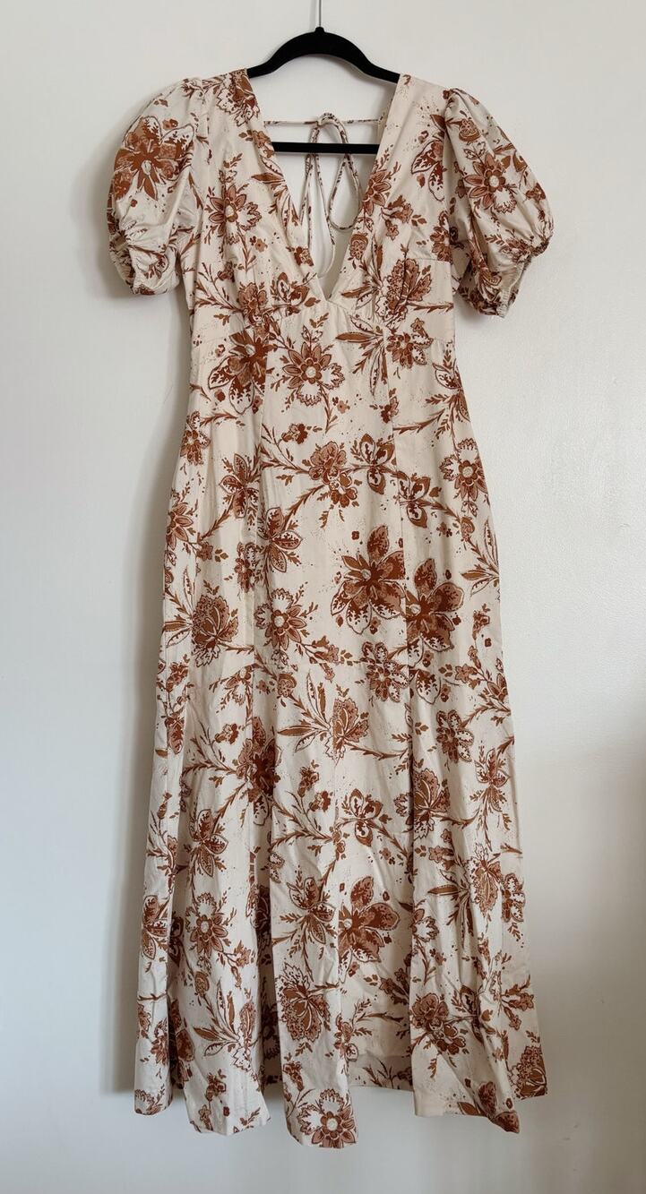 Tan Brown Abercrombie Puff Sleeve Floral Poplin Midi Dress S